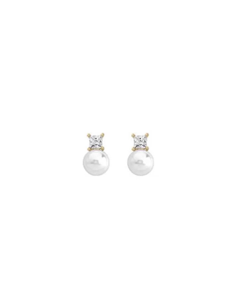 Pendientes Tú & Yo | Majorica Pendientes Selene Dorados Con Perla Blanca 8Mm Y Circonitas