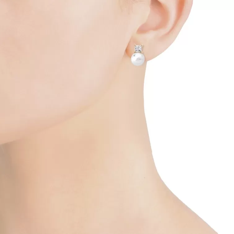 Pendientes Tú & Yo | Majorica Pendientes Selene Dorados Con Perla Blanca 8Mm Y Circonitas