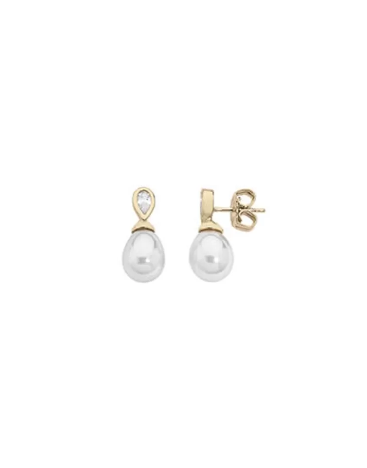 Pendientes Tú & Yo | Majorica Pendientes Selene Dorados Con Perla Lagrima Blanca 8Mm Y Circonita