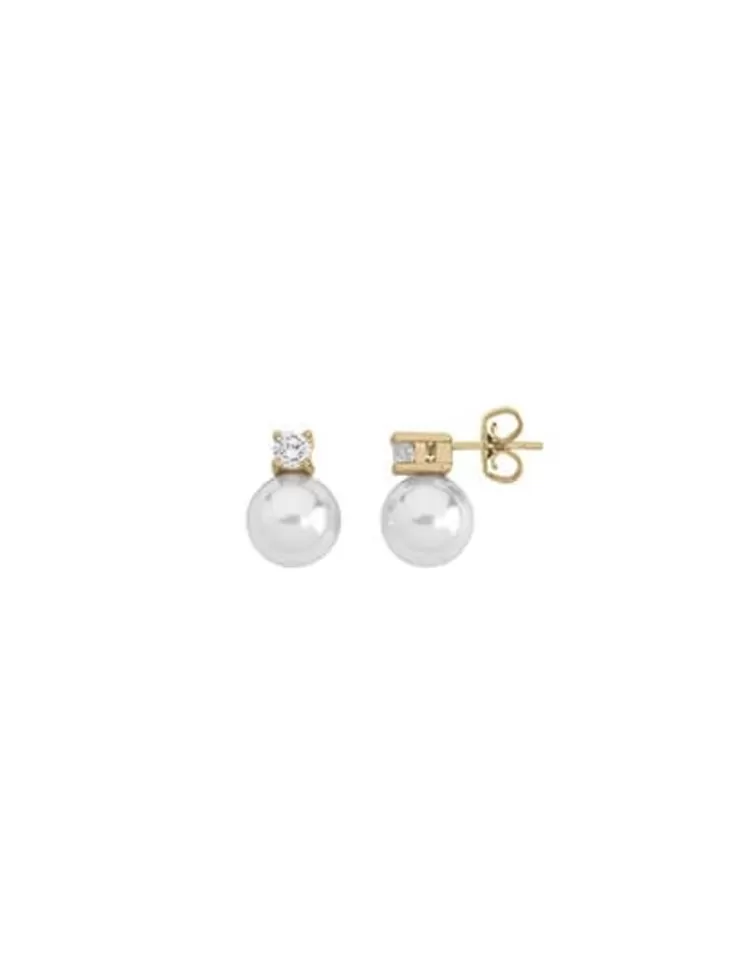 Pendientes Tú & Yo | Majorica Pendientes Tu Y Yo Selene Dorados Perla Blanca 10Mm Y Circonitas