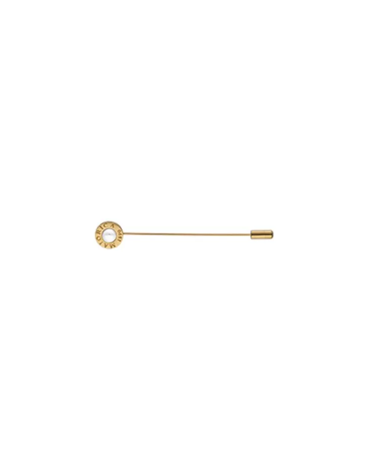Pines Hombre | Majorica Pin Le Club Largo Acero Dorado Con Logo Y Perla Blanca