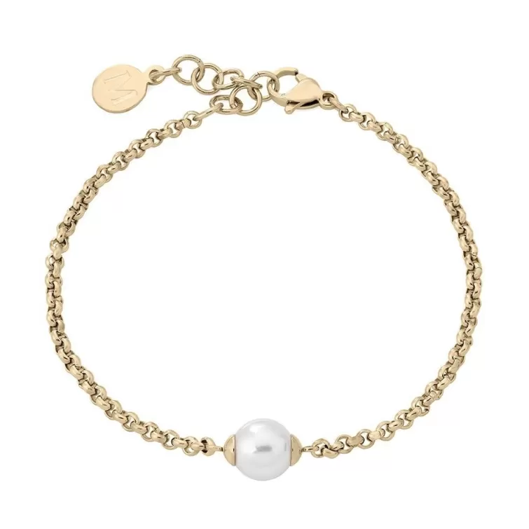 Pulseras Encadenadas | Majorica Pulsera Encadenada Nuada En Acero Dorado Y Perla Blanca
