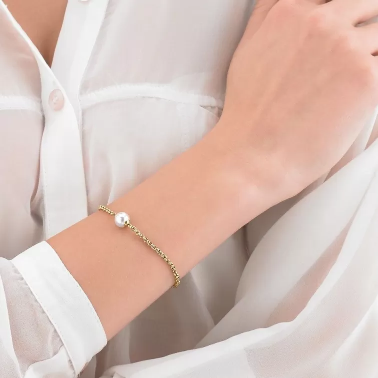 Pulseras Encadenadas | Majorica Pulsera Encadenada Nuada En Acero Dorado Y Perla Blanca