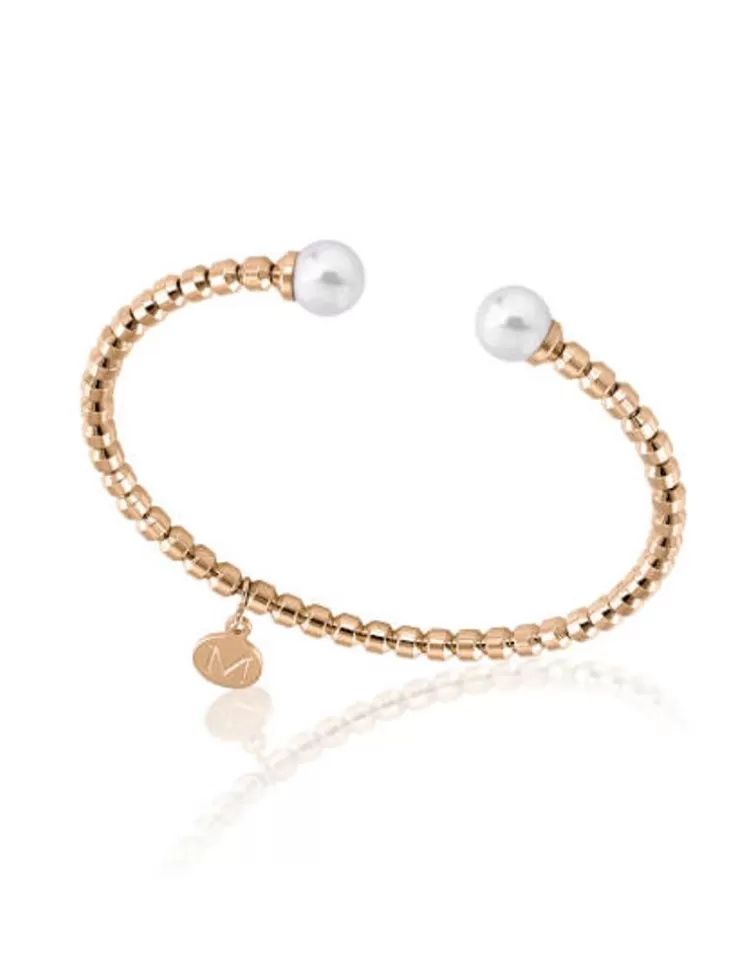 Brazaletes Rígidos | Majorica Pulsera Rigida De Acero Dorado Carmen Con Perlas Blancas