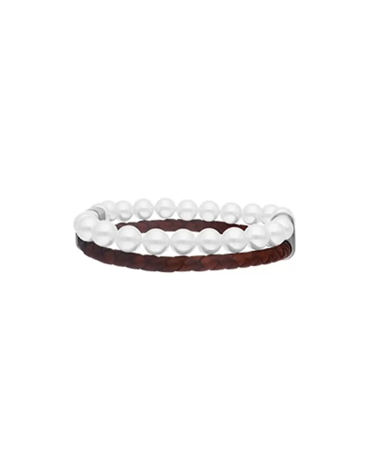 Pulseras De Cuero | Majorica Pulsera Sailor De Cuero Marron Y Perlas Blancas 22Cm