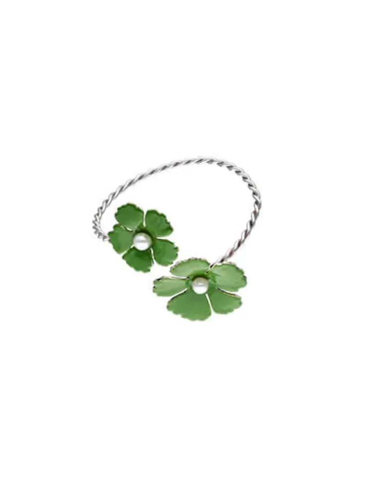 Brazaletes Rígidos | Majorica Pulsera Santorini De Flores Verde Olivo Ajustable En Plata